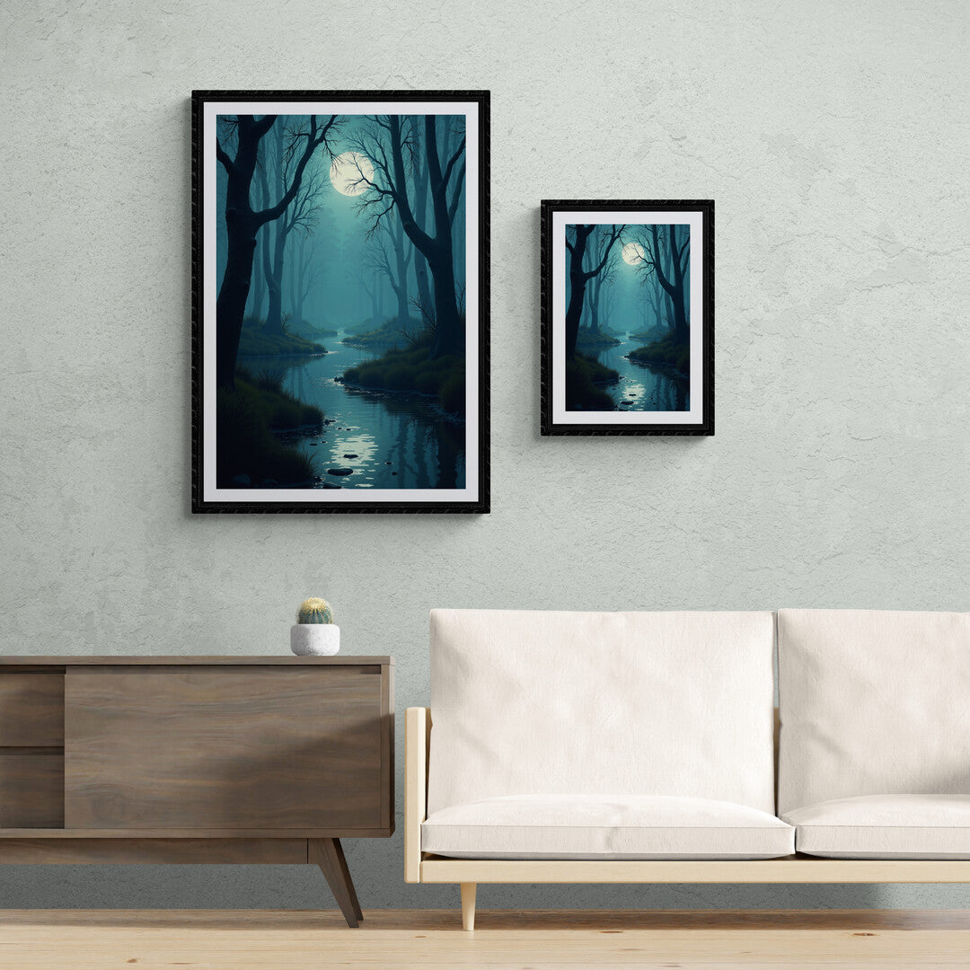 Enchanting nighttime forest landscape featuring a moonlit creek, available as wall art to shop online