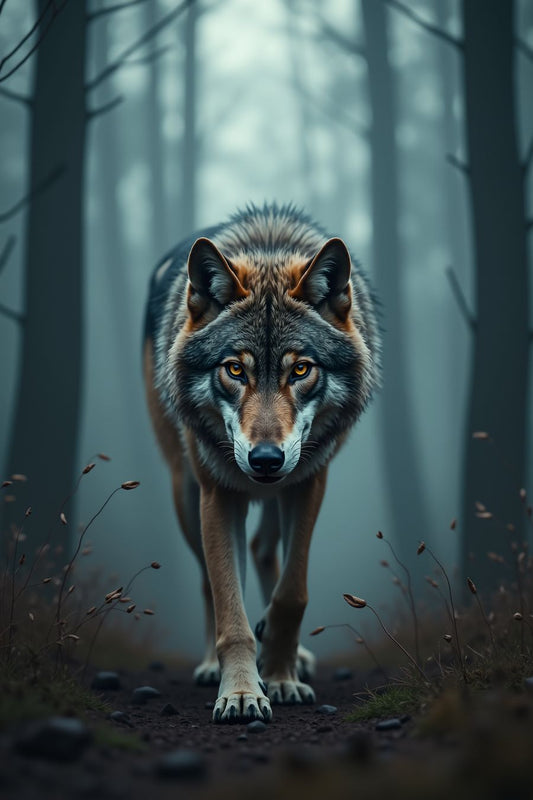 Majestic wolf walking through a misty forest, featured in premium art prints for home decor