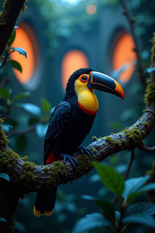 Vibrant toucan perched on a mossy branch, perfect for wall art and premium posters for home décor