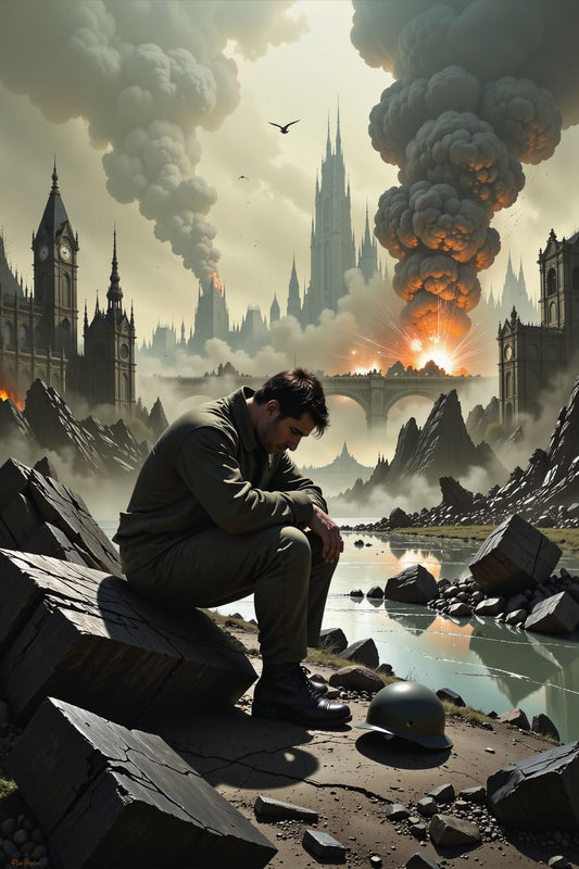 The Weight of War art print featuring a soldier in ruins with a dramatic cityscape background, perfect for premium wall art and home decor