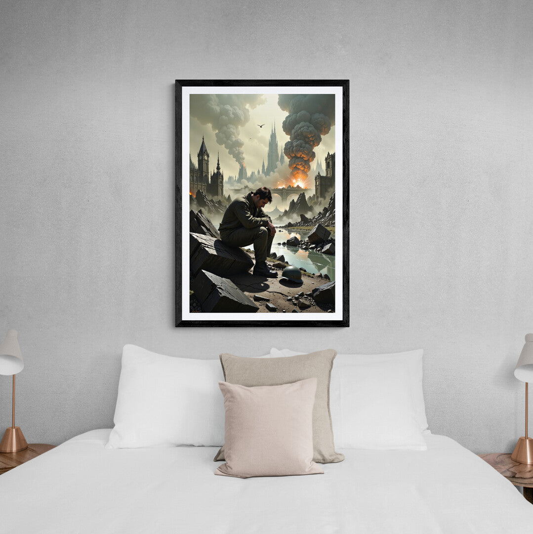 Shop online for The Weight of War premium poster, showcasing a reflective soldier amidst a post-apocalyptic city, ideal for home decor