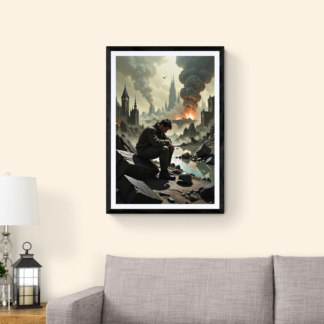 The Weight of War art print with detailed imagery of destruction and reflection, a striking addition to any premium poster collection or wall art