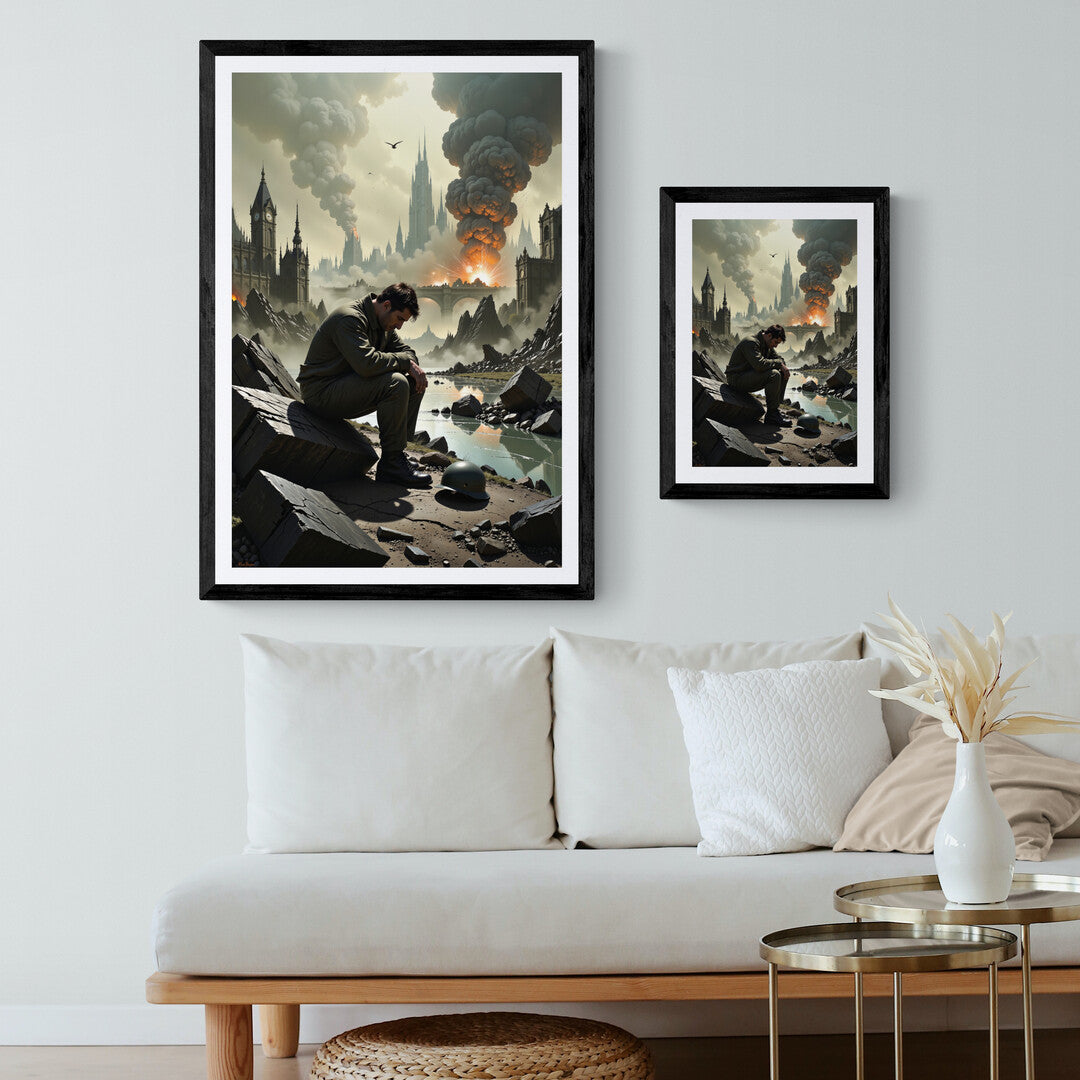 Evocative wall art depicting a soldier sitting in rubble, with smoke and ruins in the background—perfect for thoughtful home decoration