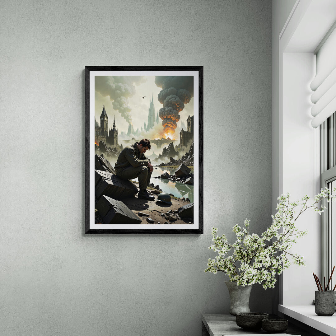 Transform your home decor with The Weight of War, a stunning art piece showing a soldier in a devastated landscape with dramatic city ruins