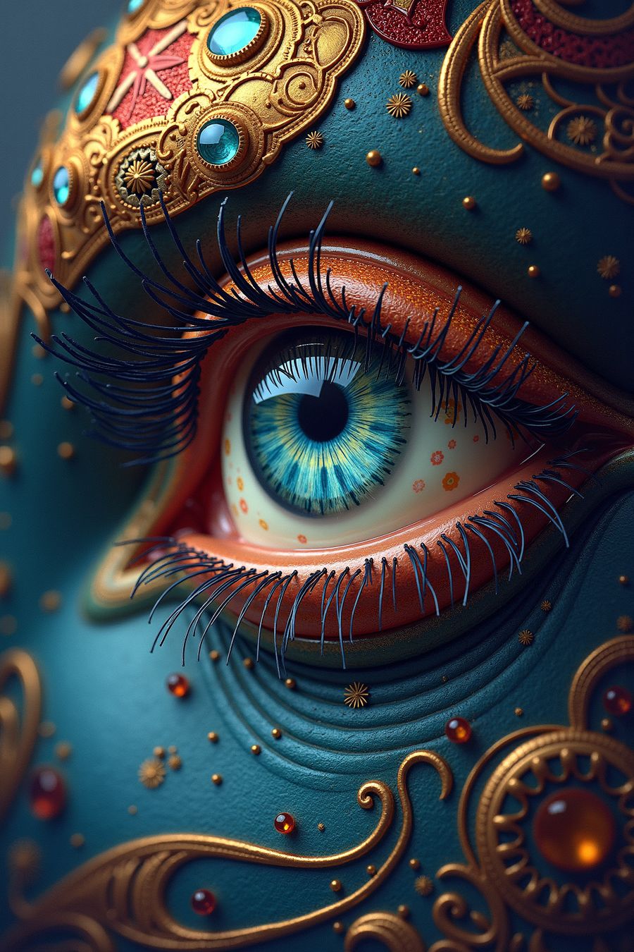 This image is a highly detailed, surreal close-up of an eye with an ornate, fantasy-inspired design surrounding it. The eye itself is mesmerizing, with a striking iris that has concentric rings of vibrant blue, turquoise, and gold, which radiate from a dark pupil. The eye's lashes are long, dark, and dramatically curled, creating an intense, almost hypnotic frame around the eye.