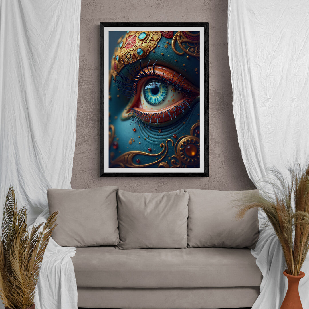 This image is a highly detailed, surreal close-up of an eye with an ornate, fantasy-inspired design surrounding it. The eye itself is mesmerizing, with a striking iris that has concentric rings of vibrant blue, turquoise, and gold, which radiate from a dark pupil. The eye's lashes are long, dark, and dramatically curled, creating an intense, almost hypnotic frame around the eye.