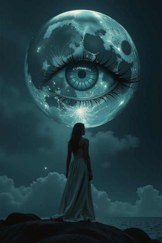 Surreal poster of a woman gazing at a moon with an all-seeing eye - The Moon Sees All art print for home decor