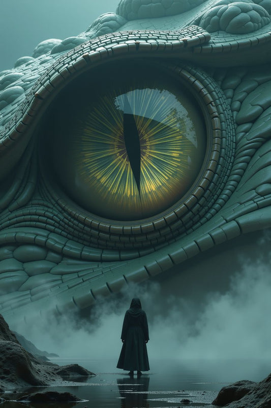 The image portrays a breathtaking and surreal scene, where a lone figure in a dark cloak stands before the massive, looming eye of an enormous reptilian creature. The eye dominates most of the composition, with intricate textures of scales surrounding it, giving the viewer a sense of the creature’s immense size and power. The reptile's eye is highly detailed, featuring a slit-like, vertical black pupil, surrounded by glowing rings of yellow and green hues. Light reflects off the surface of the eye, adding t