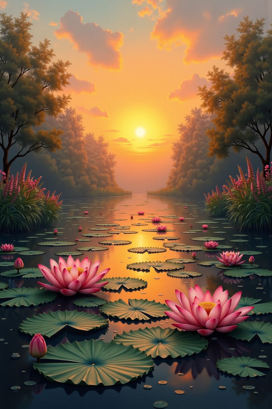 Tranquil lotus pond at sunrise with vibrant pink flowers and golden reflections, perfect for premium wall art and home decor