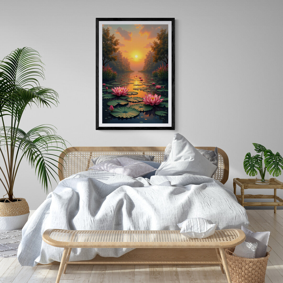 Serene sunrise over a lotus-filled pond, ideal for art prints, posters, and elegant home decor.