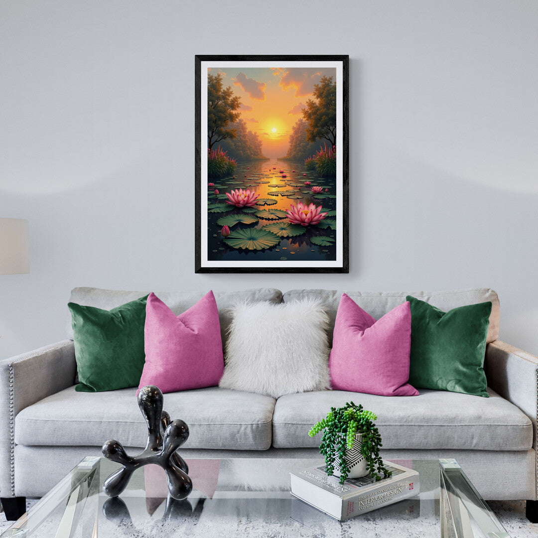 Nature-inspired wall art featuring a tranquil lotus pond at dawn, perfect for enhancing home decor with art prints and posters