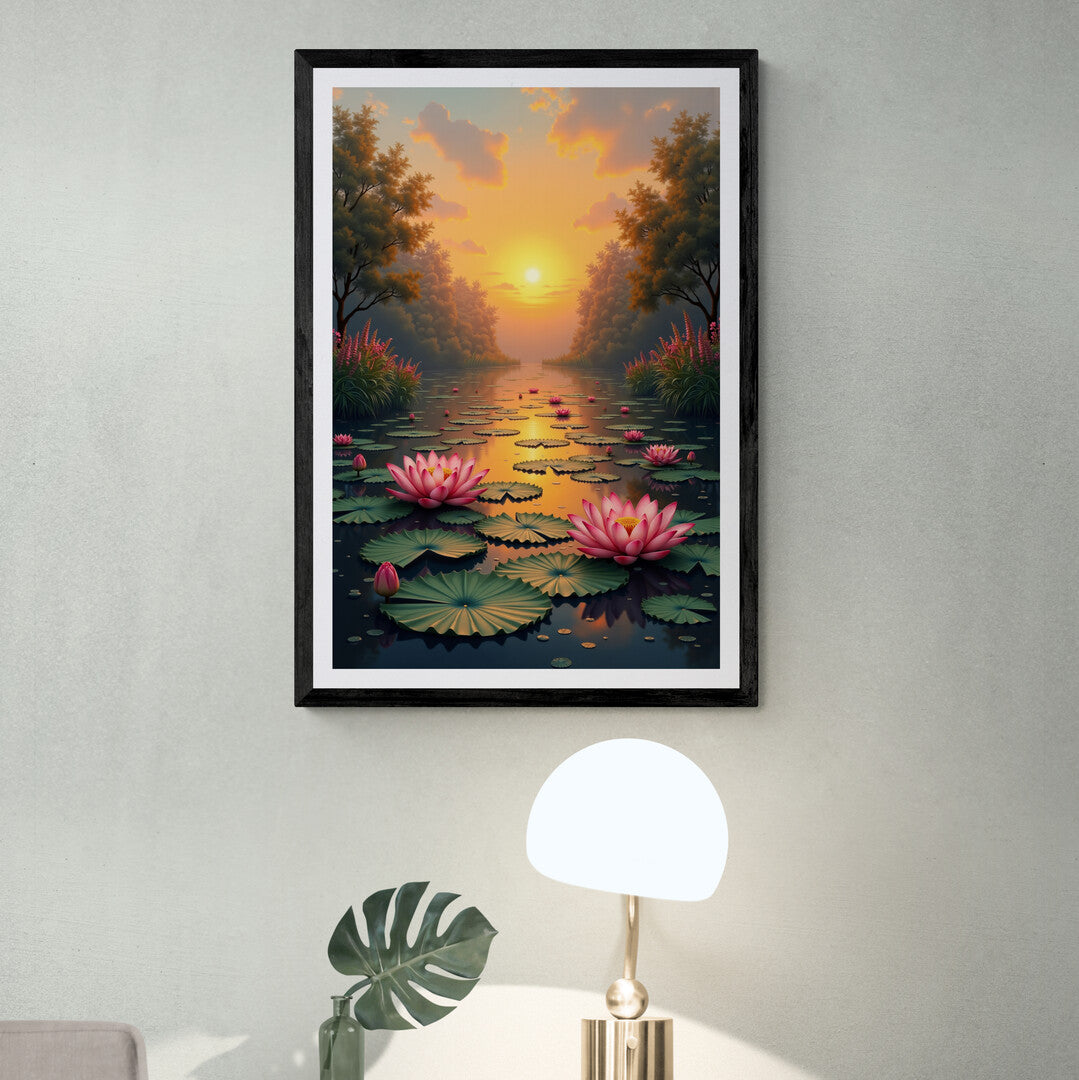 Beautiful sunrise over a lily pond with vibrant pink lotuses, designed for premium posters and elegant home decor shopping online