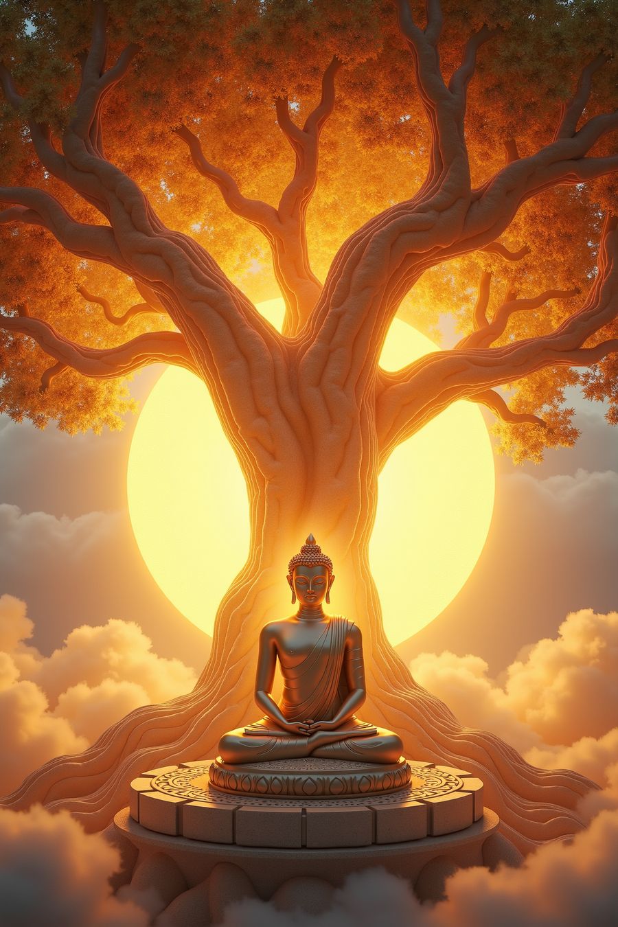 Golden Buddha meditating under a sacred tree with a glowing sun in the background – perfect for premium wall art and home decor