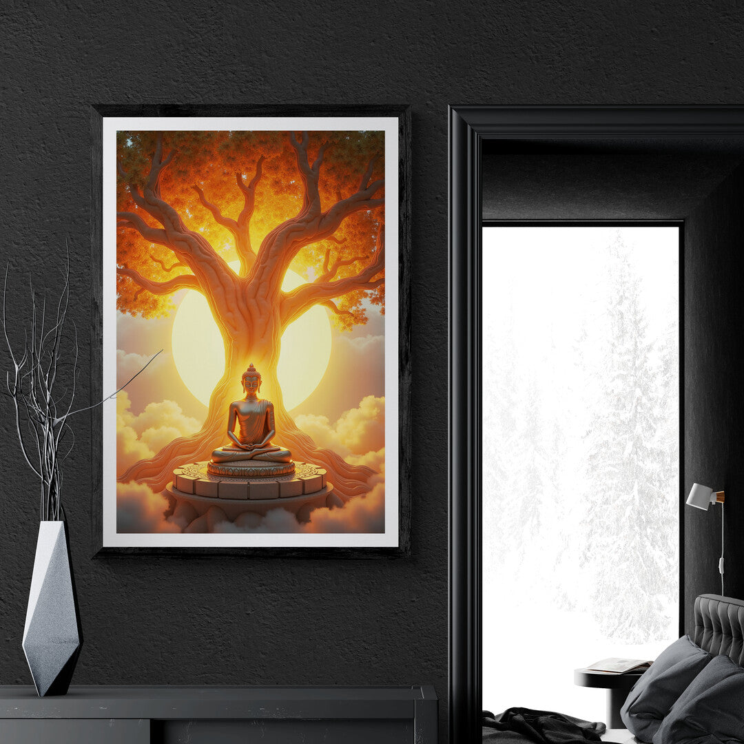 Tranquility Beneath the Sacred Tree art print featuring serene clouds, vibrant golden hues, and peaceful meditation