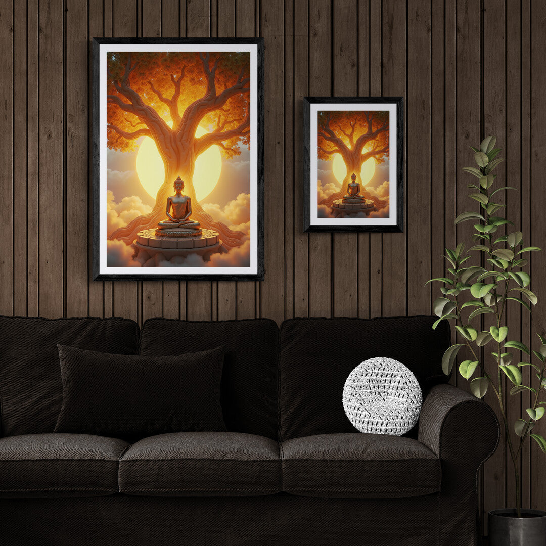 Buddha statue in deep meditation under a radiant tree, ideal for home decor and premium posters – shop online for this stunning wall art