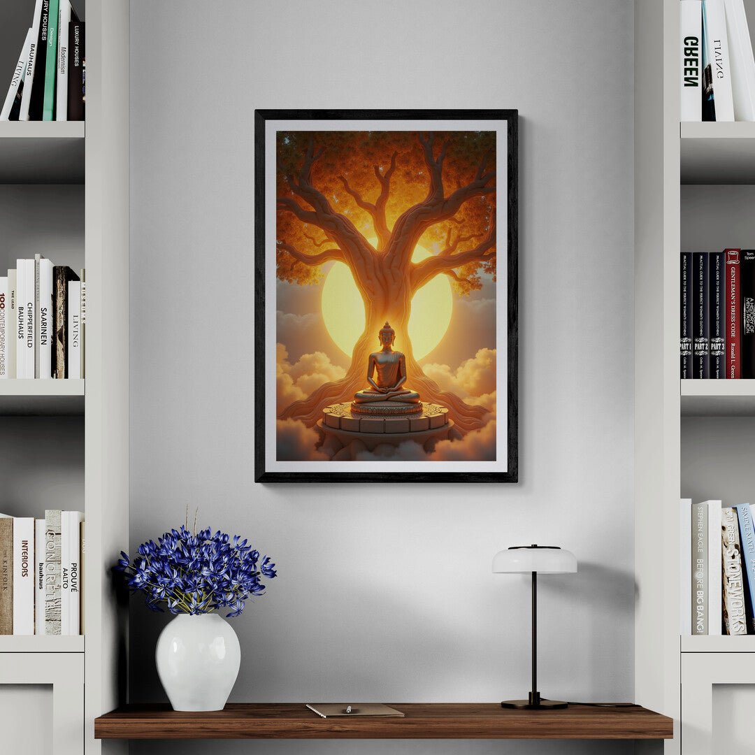 Golden Buddha wall art with glowing sun and sacred tree, designed for serene home decor – shop online for tranquil art prints