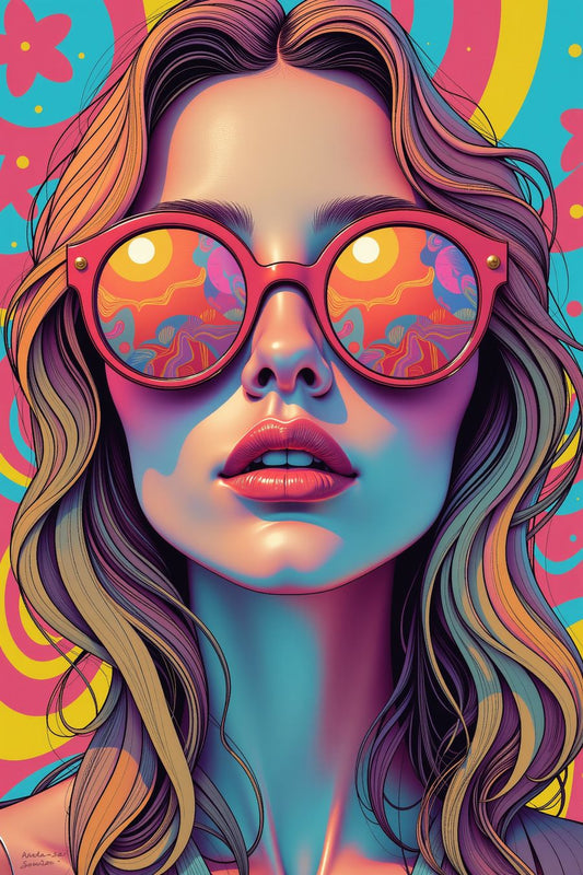 Trippy Sunlight Poster with vibrant psychedelic colors and retro sunglasses reflection