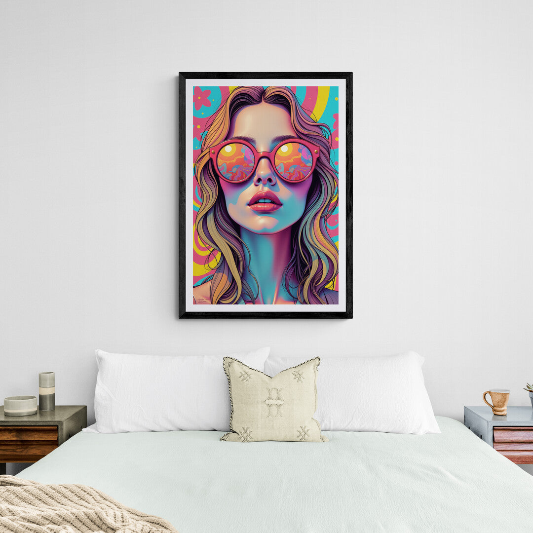 Colorful retro-inspired wall art poster featuring woman in round sunglasses