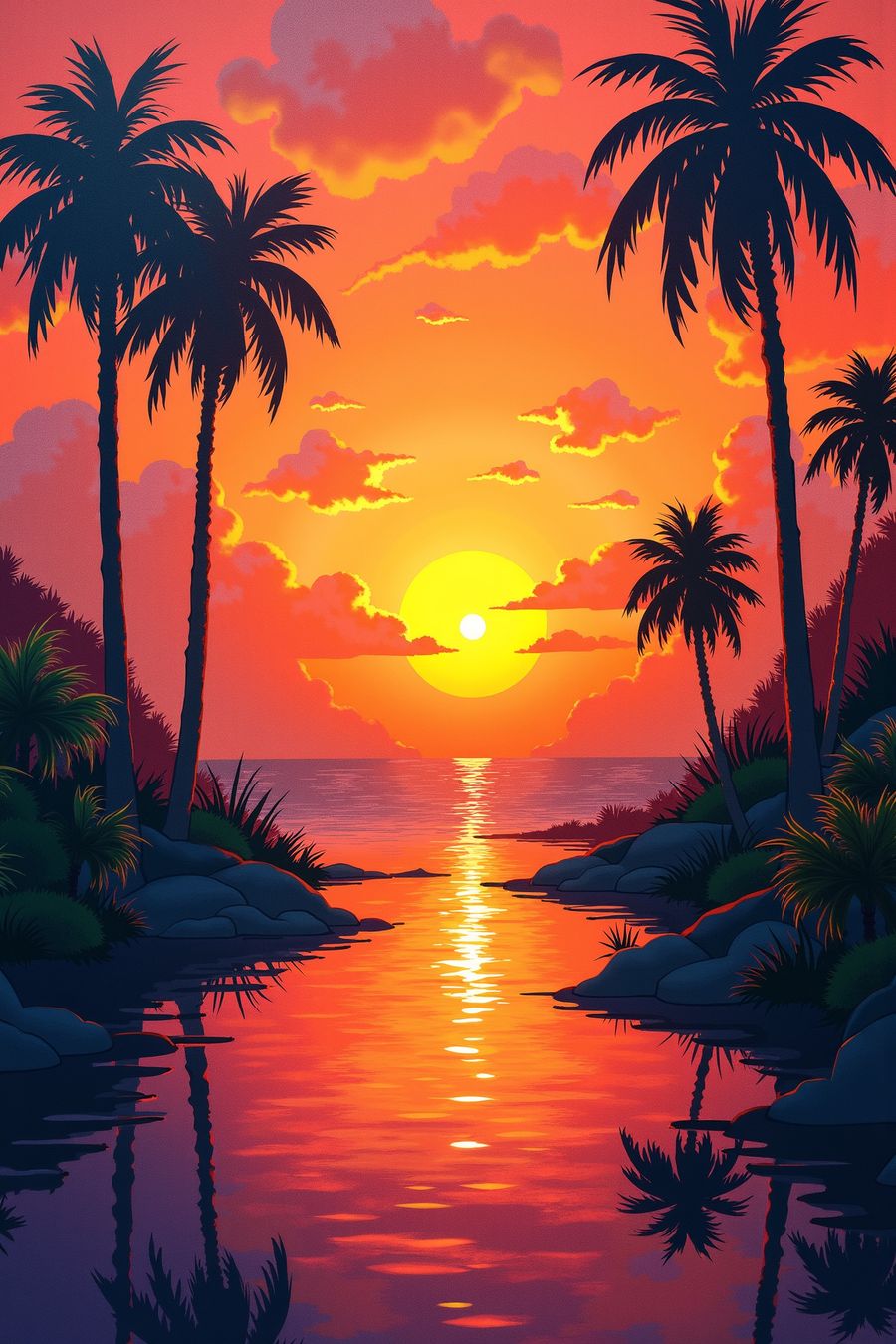 Tropical sunset with palm trees reflecting on calm water at dusk - vibrant wall art for home decor