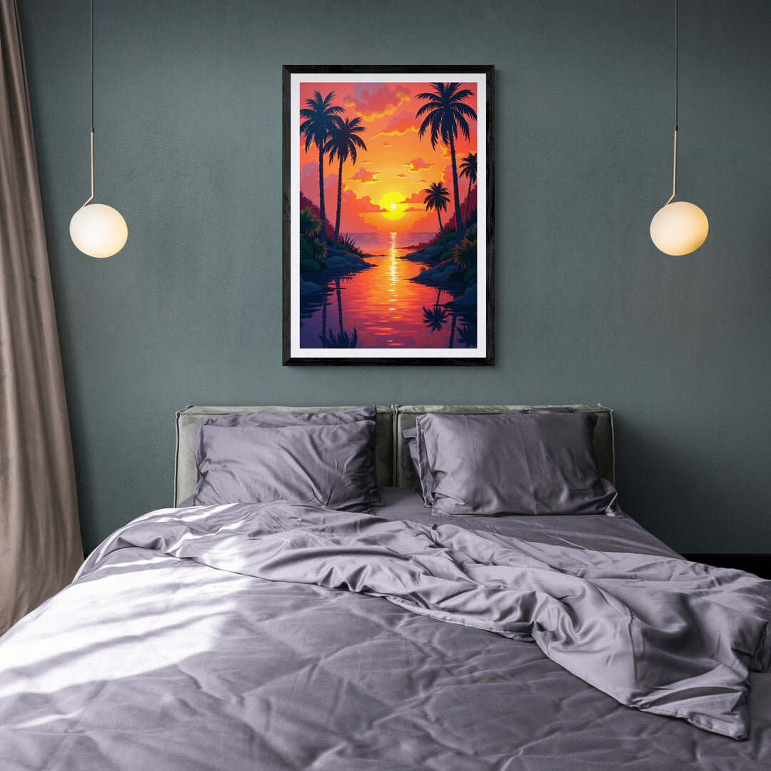 Serene tropical landscape with golden sunset and silhouettes of palm trees - premium art print