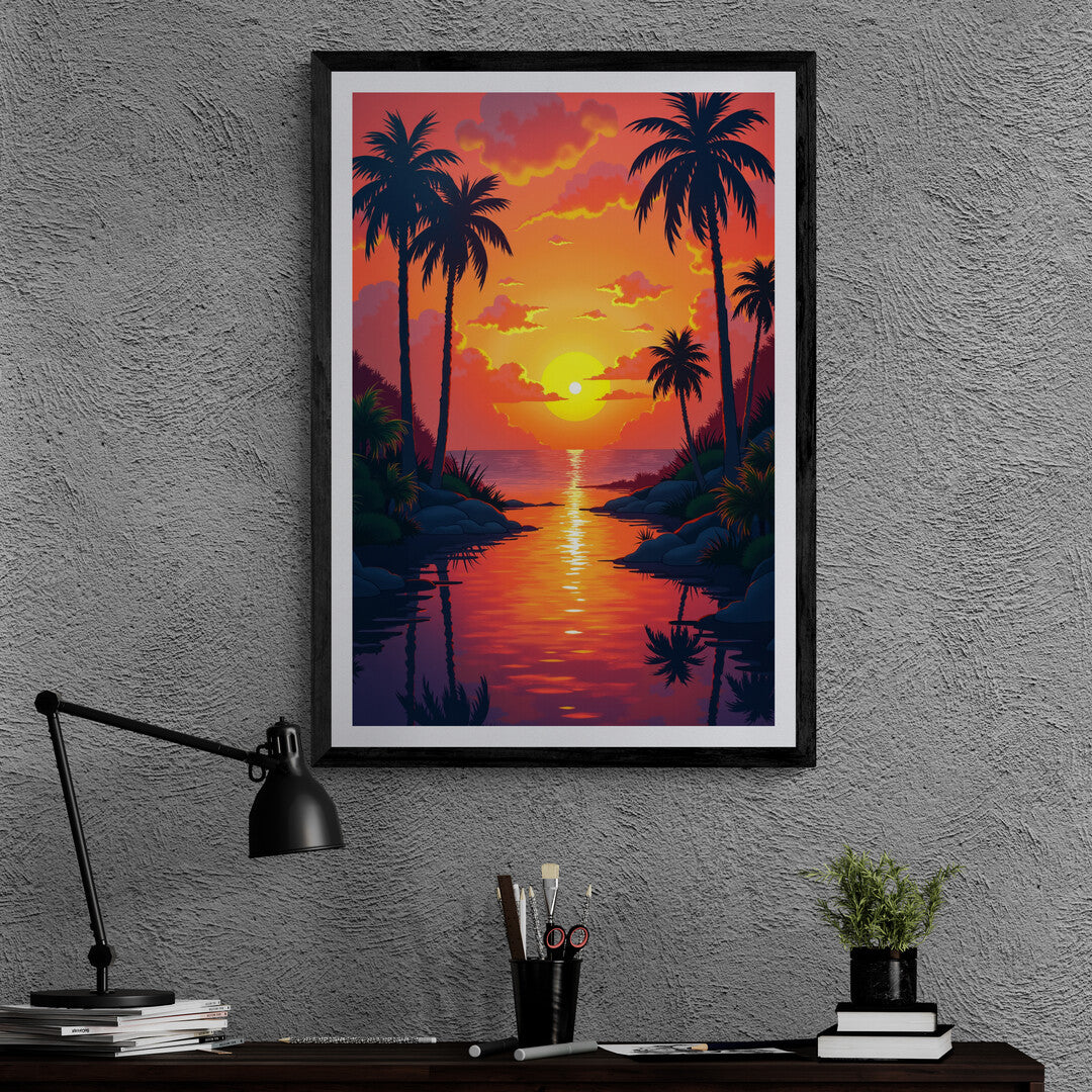 Tranquil tropical beach at dusk with palm trees and glowing sunset reflections - ideal wall art for any space