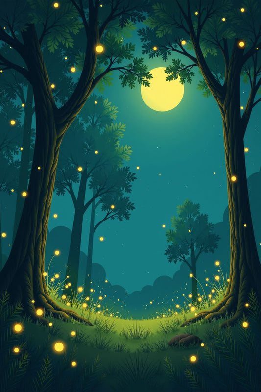 Twilight Dance of Fireflies art print featuring a glowing moonlit forest with fireflies, perfect for premium wall decor and home decoration