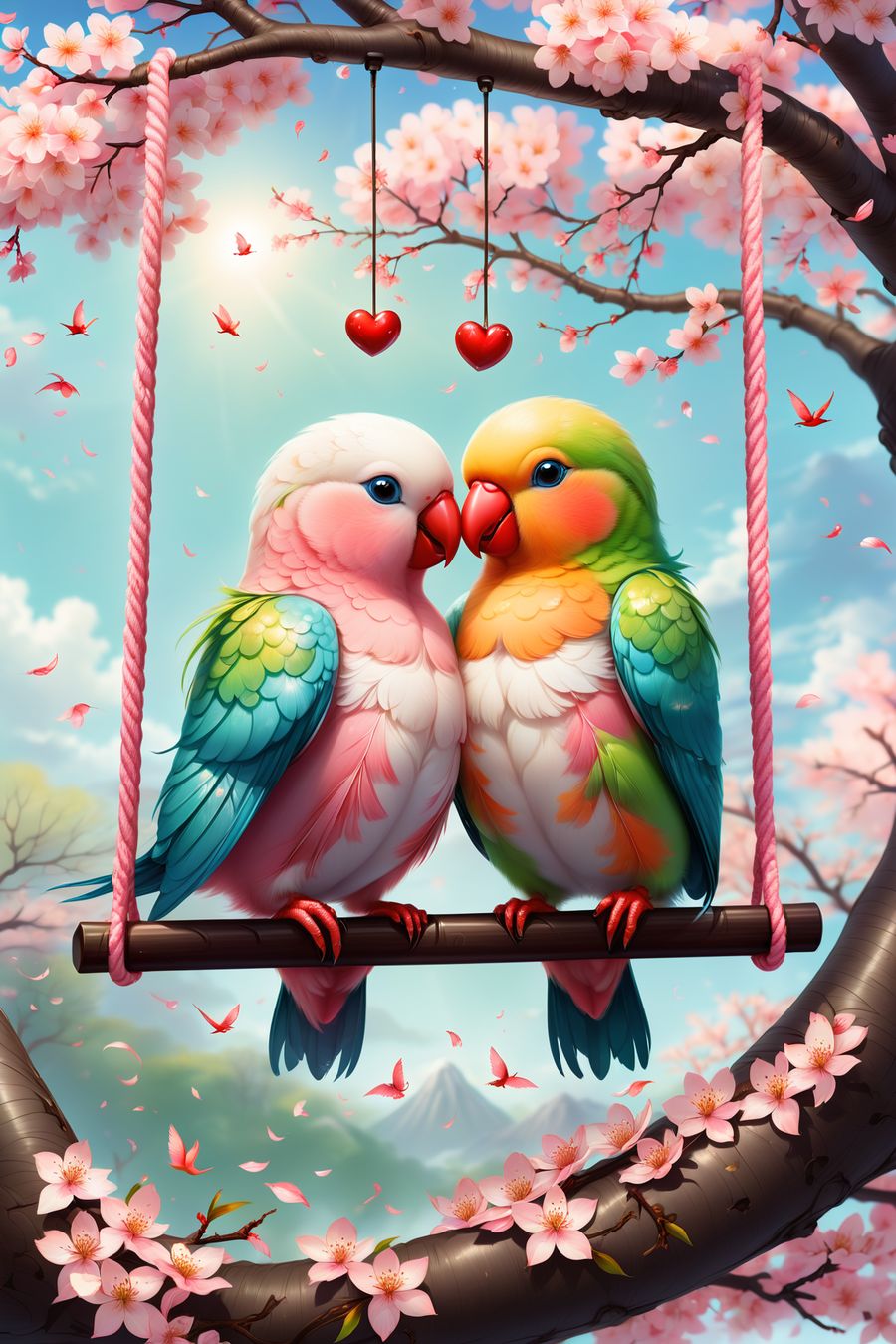 The image depicts a digital illustration of two colorful parrots perched on a swing, which is suspended from a cherry blossom branch. The background features a serene sky with soft clouds, hinting at either dawn or dusk due to the warm and gentle hues. The swing’s ropes are pink, complementing the cherry blossoms’ delicate pink petals that frame the scene. The parrots are vibrantly colored, with one showcasing shades of soft pink, white, and hints of blue, while the other displays a combination of green, ye