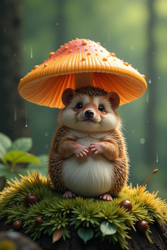 The image features a vibrant orange mushroom with a textured cap. Underneath the mushroom, a small hedgehog is peeking out. The mushroom is positioned on what appears to be a dark, damp log, surrounded by green foliage and small brown objects that could be nuts or seeds.