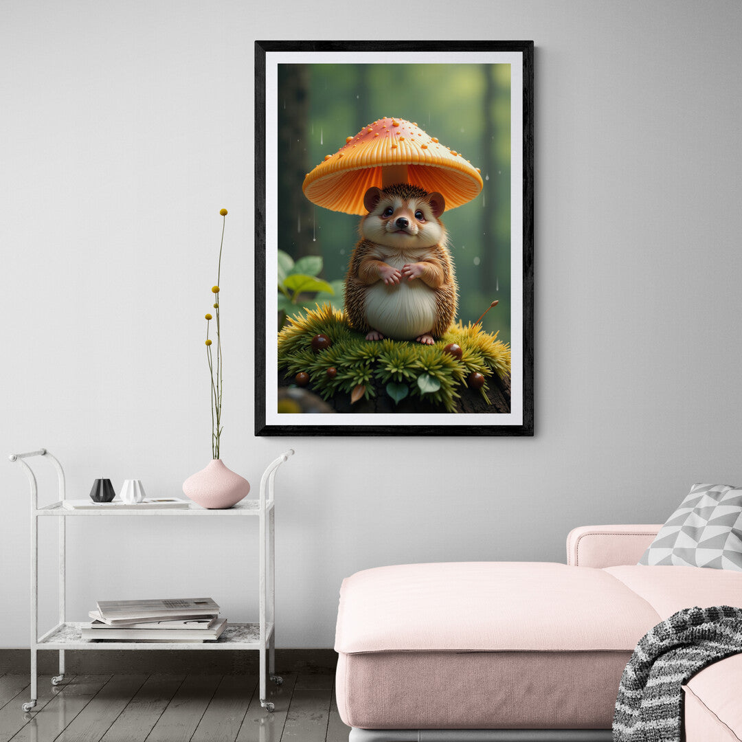 The image features a vibrant orange mushroom with a textured cap. Underneath the mushroom, a small hedgehog is peeking out. The mushroom is positioned on what appears to be a dark, damp log, surrounded by green foliage and small brown objects that could be nuts or seeds.