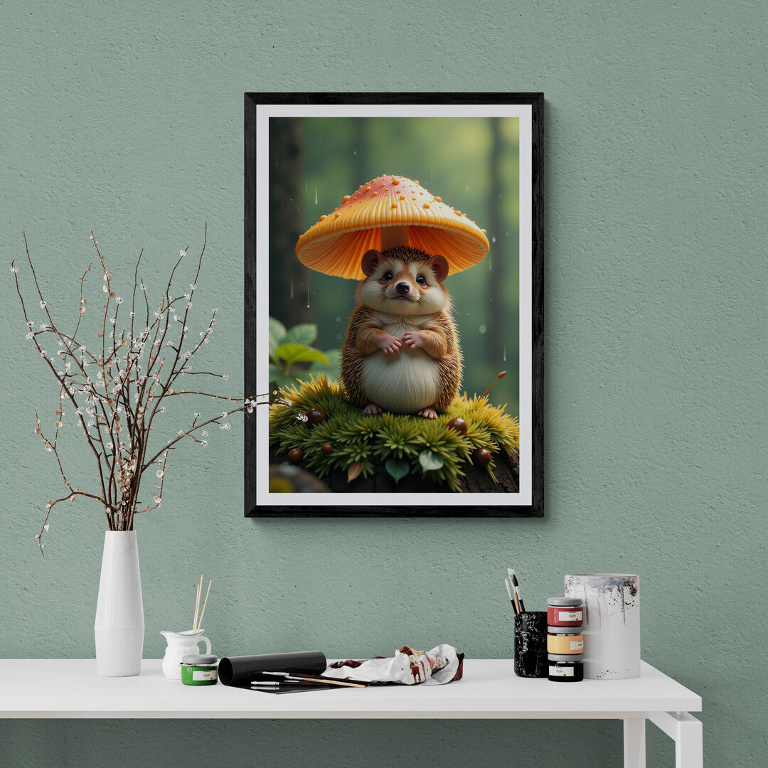 The image features a vibrant orange mushroom with a textured cap. Underneath the mushroom, a small hedgehog is peeking out. The mushroom is positioned on what appears to be a dark, damp log, surrounded by green foliage and small brown objects that could be nuts or seeds.