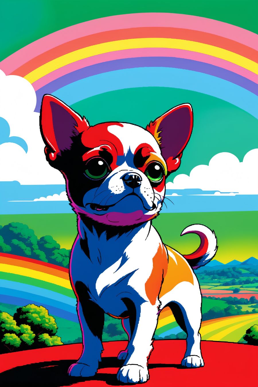 Colorful artwork of a vibrant puppy standing under a rainbow, perfect for wall art and home decor