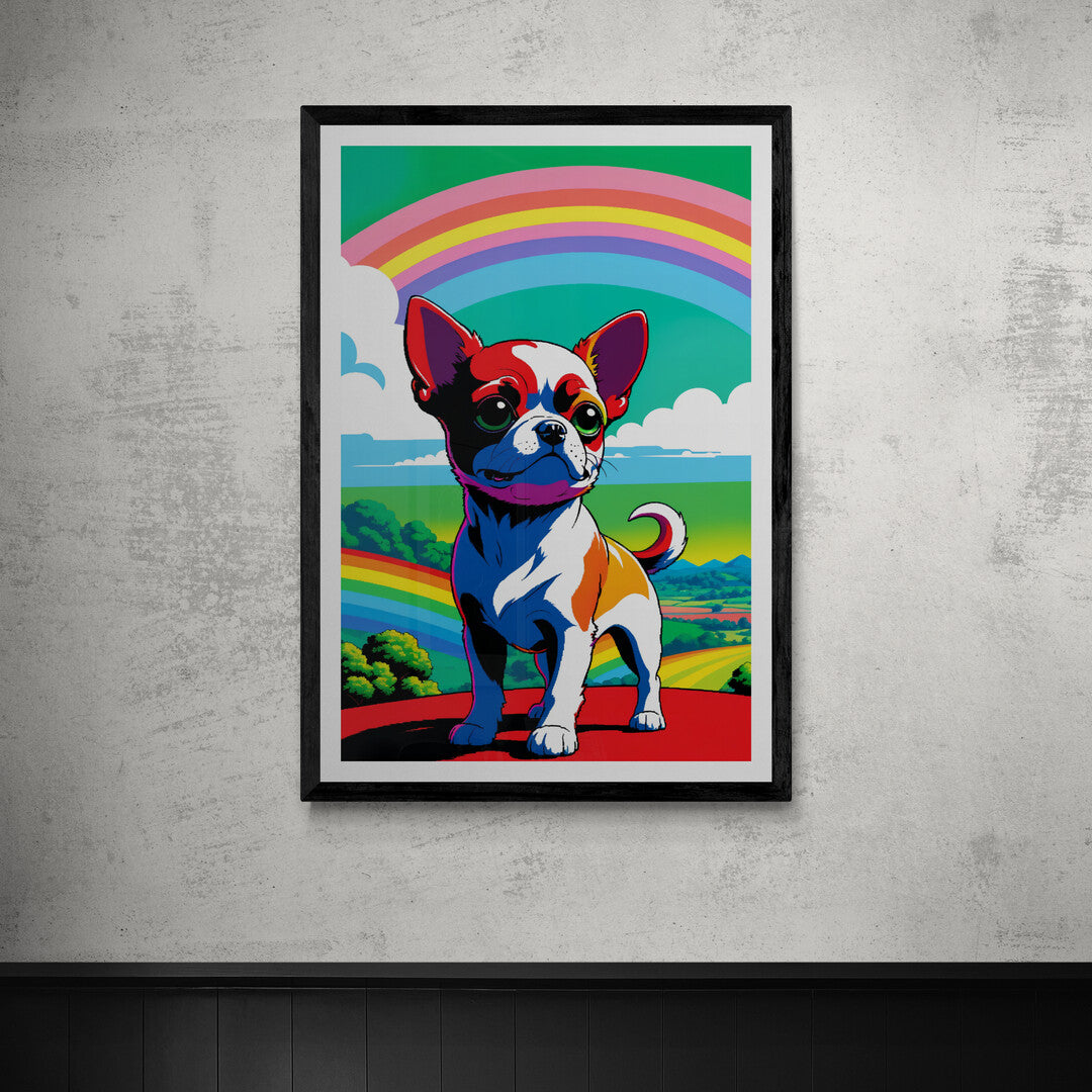 Vibrant Pup in Wonderland" illustration featuring a cheerful dog in a rainbow landscape, ideal for premium posters and art prints