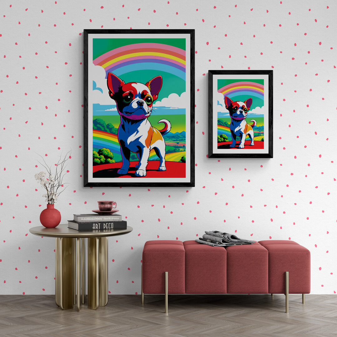 Bright and bold dog art print with a rainbow backdrop, great for enhancing your home decor or wall art collection