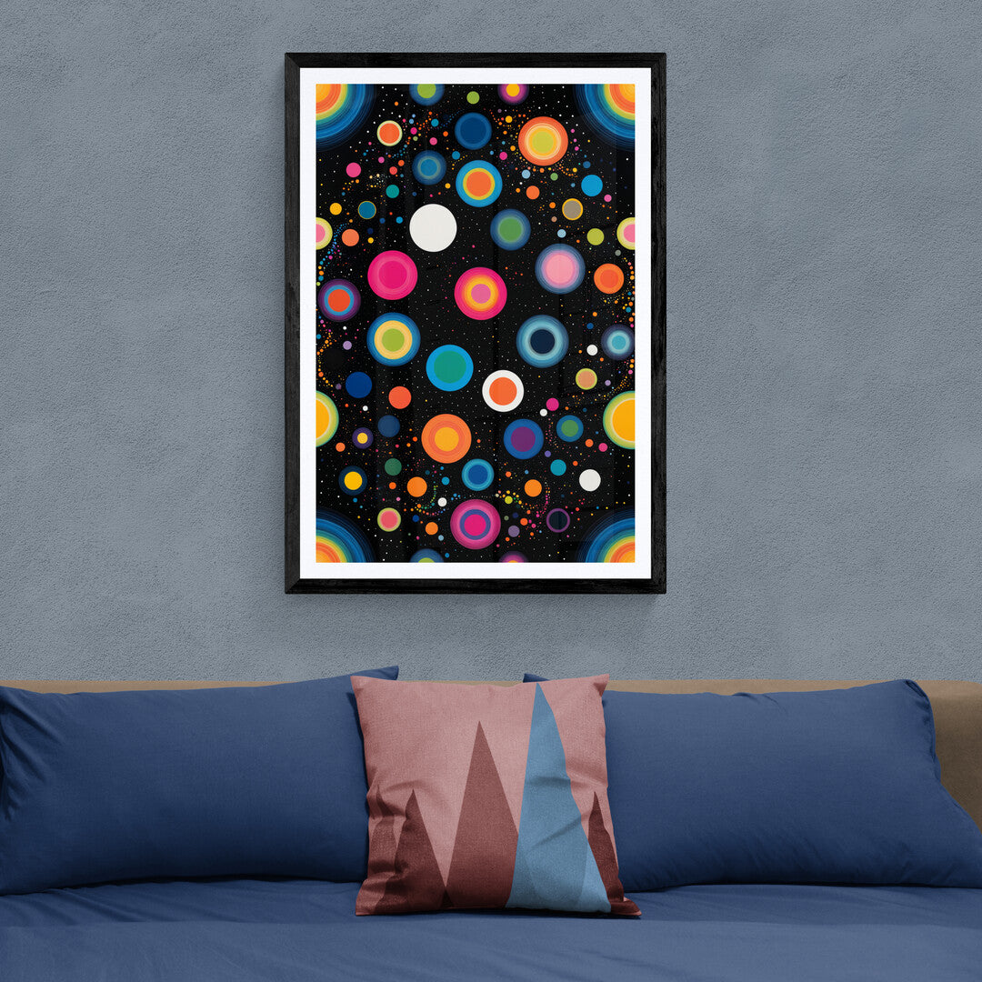 In a lively and visually stimulating composition, the picture features an array of vibrant colorful dots. The dots are scattered across the canvas in a dynamic and playful manner, creating an abstract pattern that is both captivating and energetic.