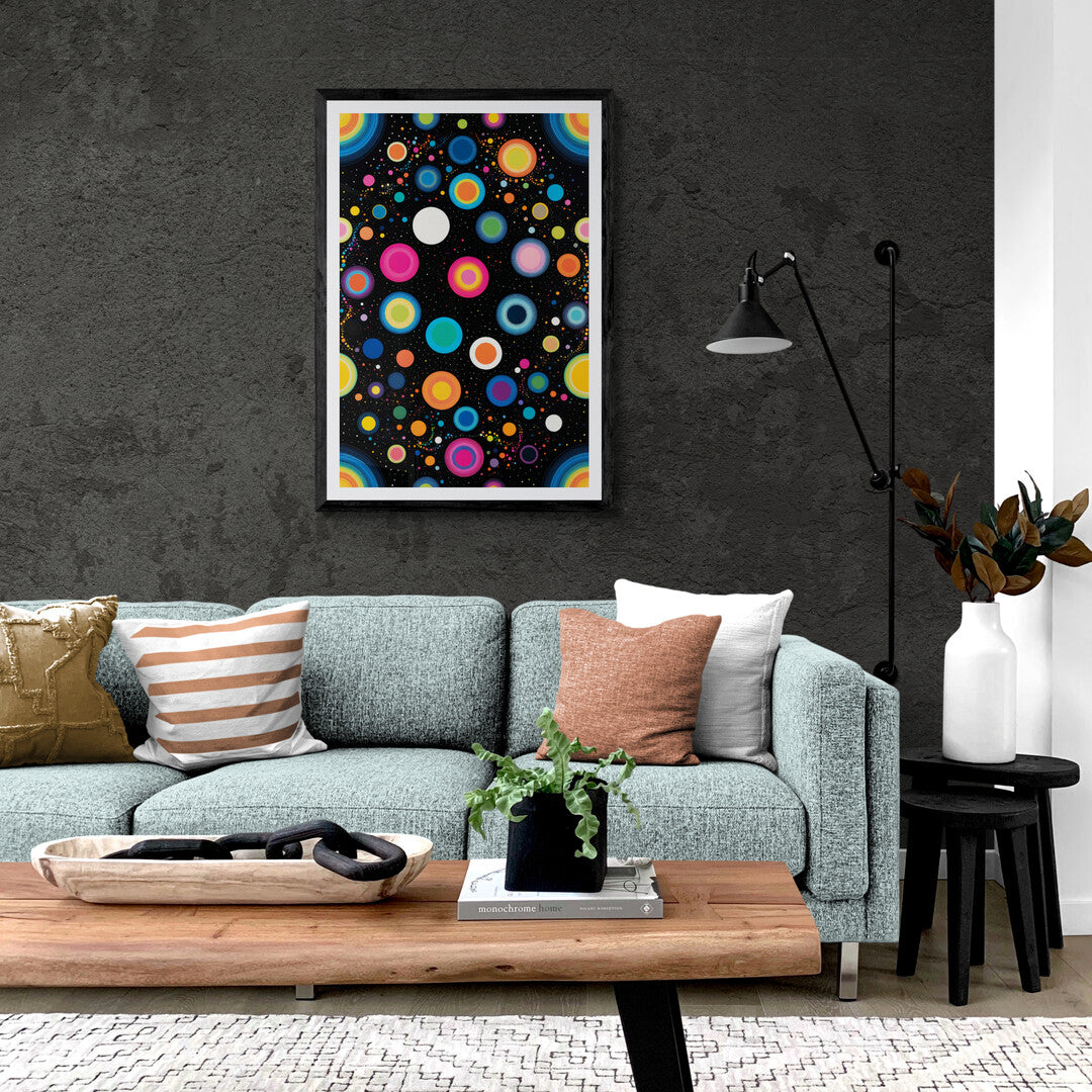 In a lively and visually stimulating composition, the picture features an array of vibrant colorful dots. The dots are scattered across the canvas in a dynamic and playful manner, creating an abstract pattern that is both captivating and energetic.