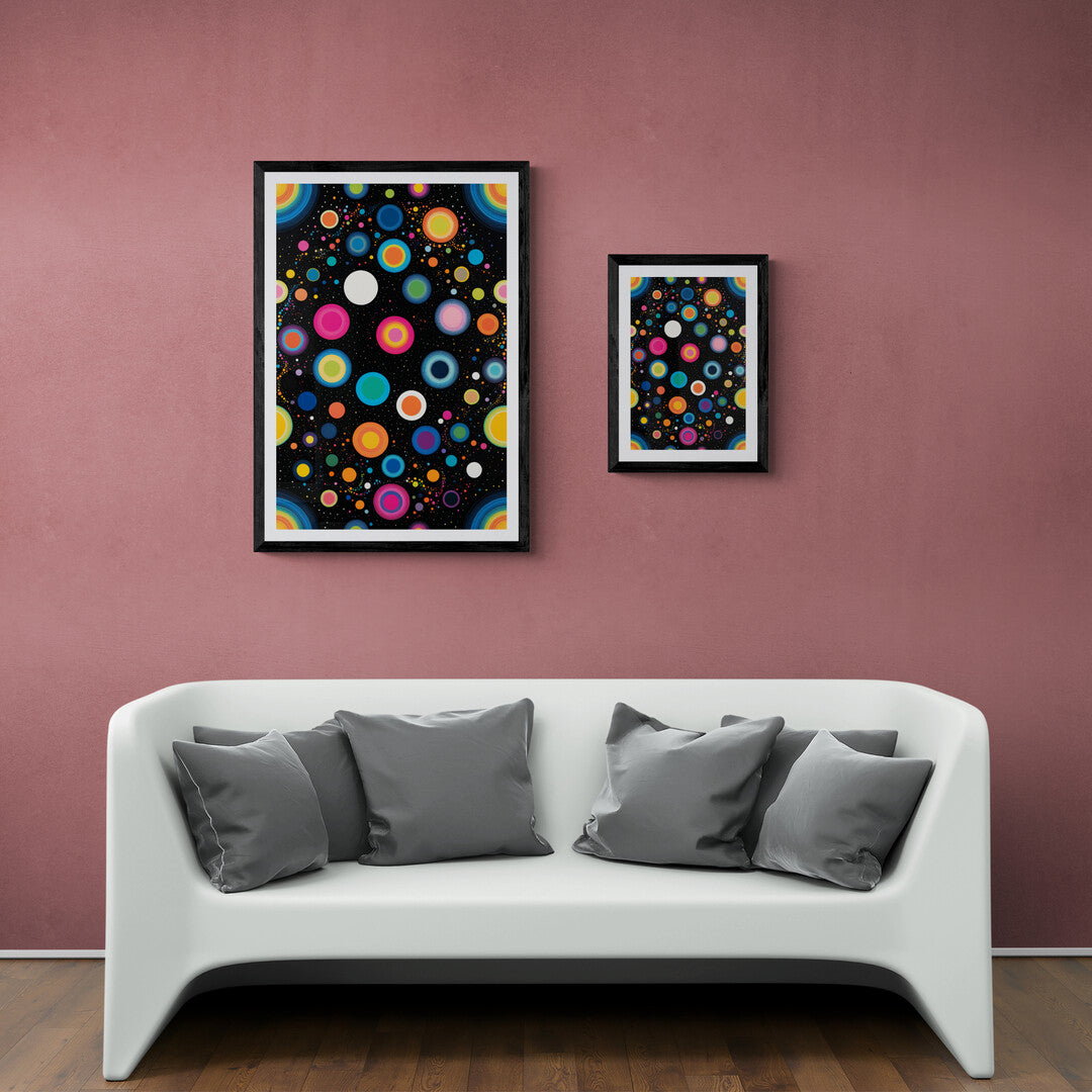 In a lively and visually stimulating composition, the picture features an array of vibrant colorful dots. The dots are scattered across the canvas in a dynamic and playful manner, creating an abstract pattern that is both captivating and energetic.