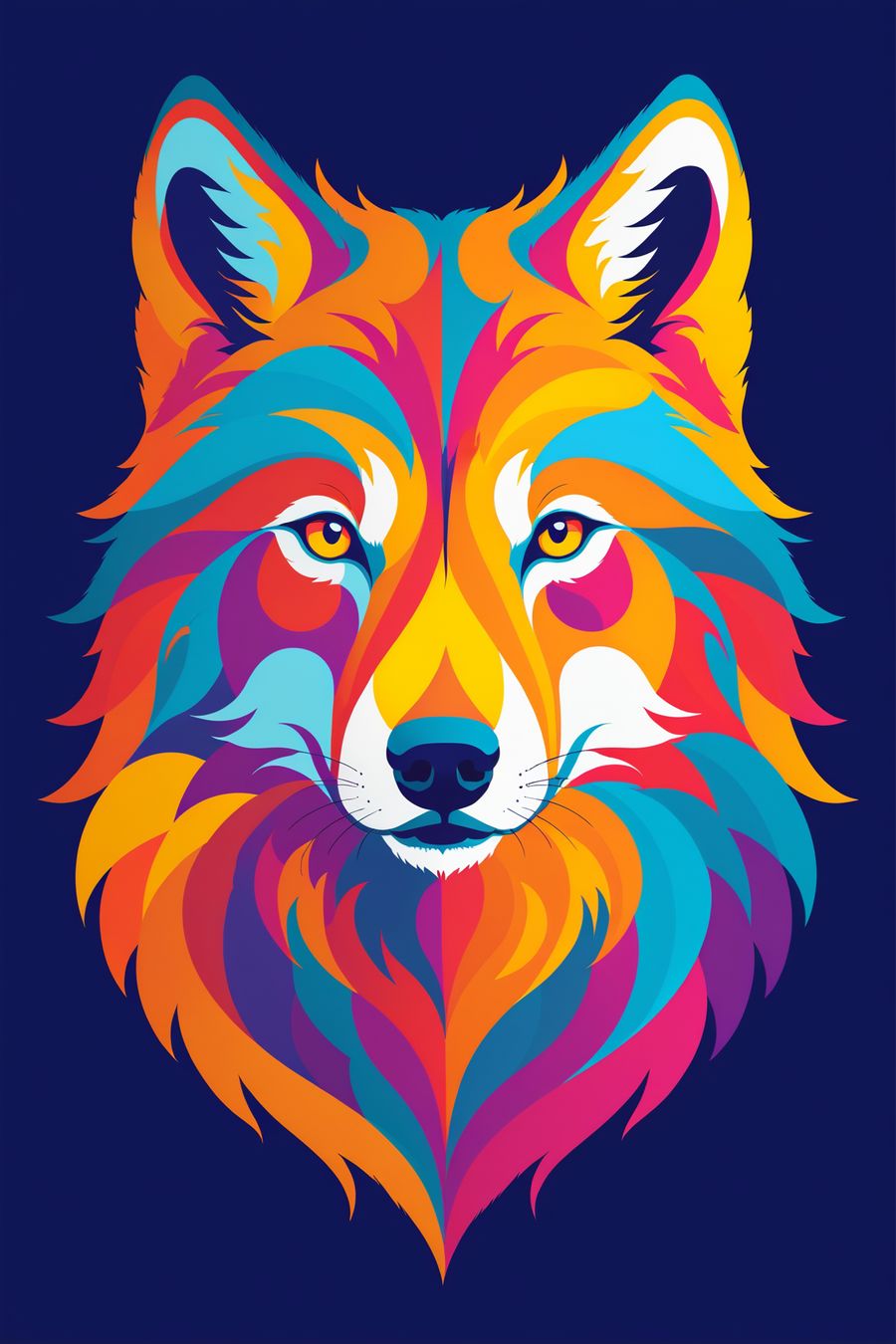 In a striking and vibrant composition, the picture features a depiction of a wolf using minimal design elements. The simplicity of the design highlights the essence of the wolf while maintaining a modern and artistic appeal.