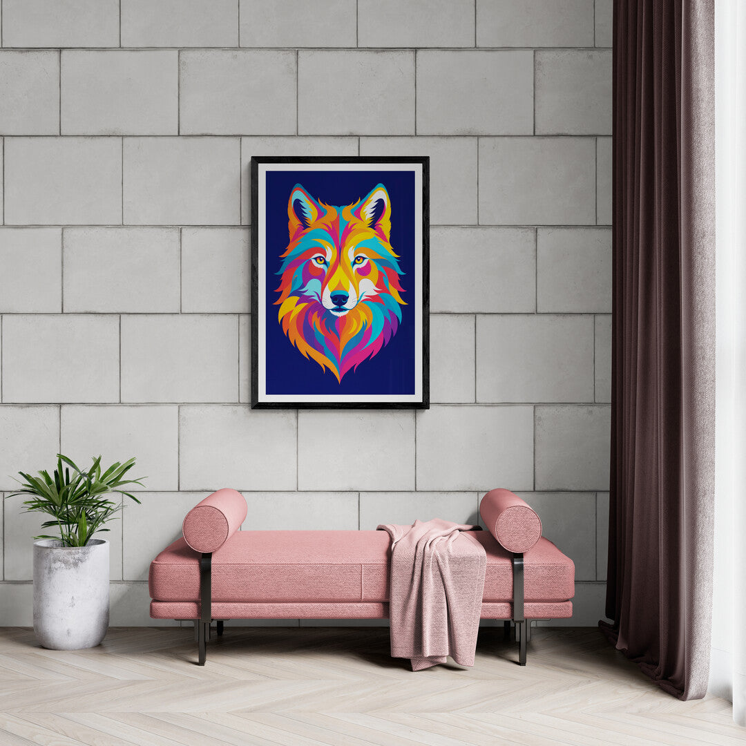 In a striking and vibrant composition, the picture features a depiction of a wolf using minimal design elements. The simplicity of the design highlights the essence of the wolf while maintaining a modern and artistic appeal.