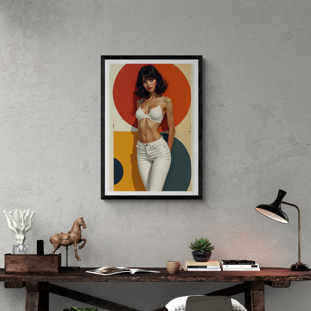 Sophisticated wall art print of a fashionable woman, combining retro aesthetics with modern elegance