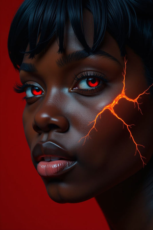 Bold portrait featuring fiery red accents and molten crack-like details, perfect for premium art prints and wall art for home decor.