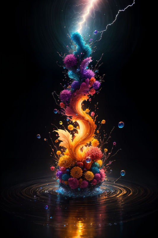In this mesmerizing and vibrant wall art, we are immersed in a world of abstract beauty and dynamic energy. The scene captures the essence of water beads forming intricate patterns and a captivating water vortex that seems to defy gravity.
