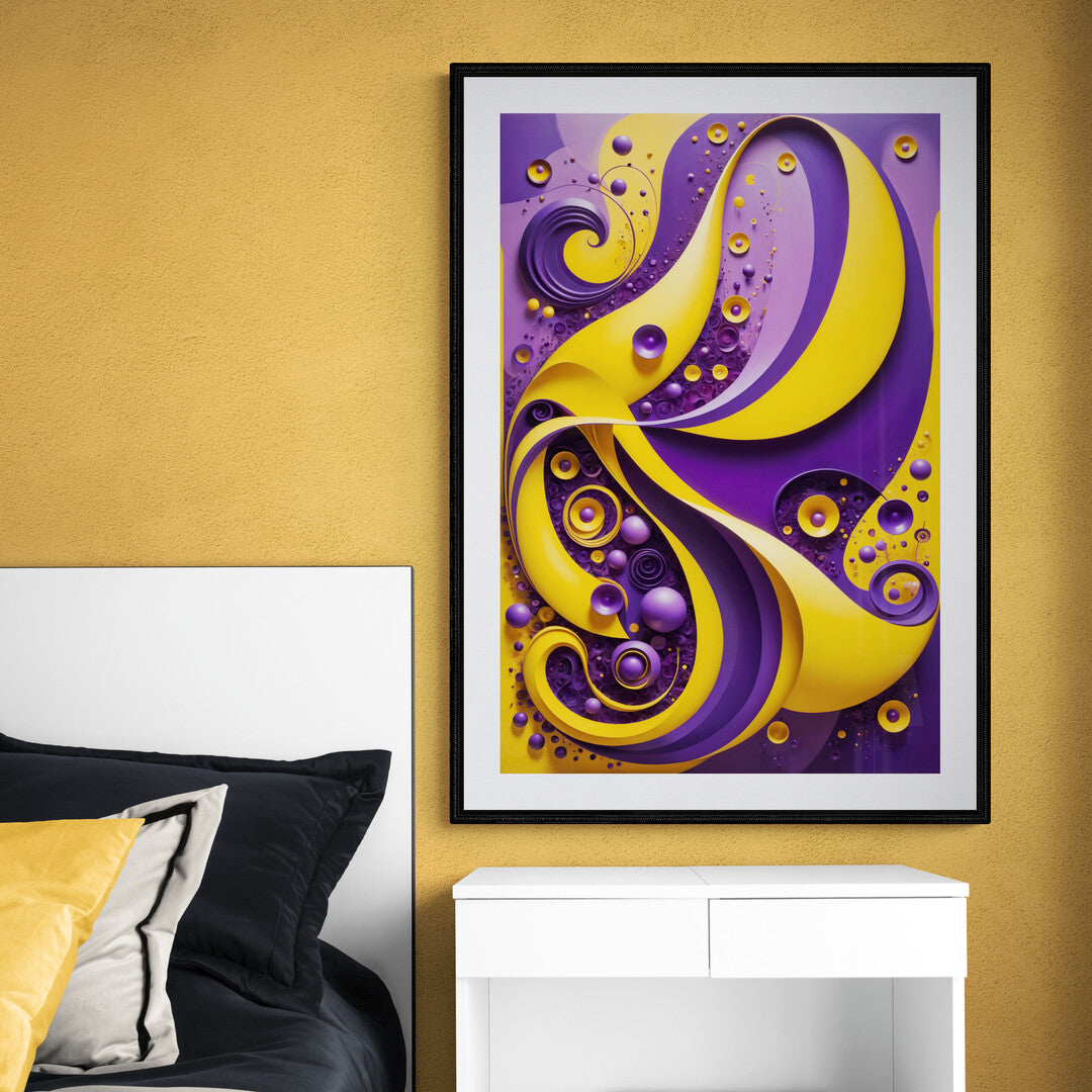 In a whimsical and vibrant composition, the picture showcases a playful blend of forms dominated by yellow and purple hues. The artwork exudes a sense of joy and creativity, using bold colors and abstract shapes to create a dynamic and lively visual experience.