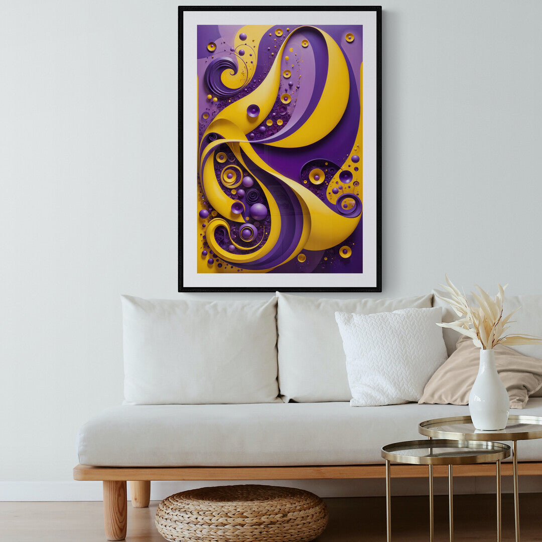 In a whimsical and vibrant composition, the picture showcases a playful blend of forms dominated by yellow and purple hues. The artwork exudes a sense of joy and creativity, using bold colors and abstract shapes to create a dynamic and lively visual experience.