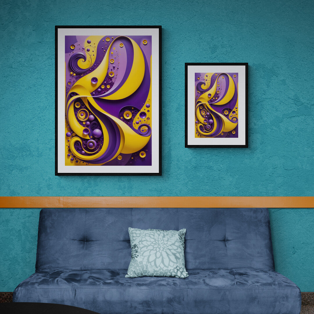 In a whimsical and vibrant composition, the picture showcases a playful blend of forms dominated by yellow and purple hues. The artwork exudes a sense of joy and creativity, using bold colors and abstract shapes to create a dynamic and lively visual experience.