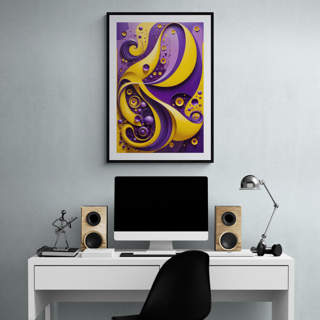 In a whimsical and vibrant composition, the picture showcases a playful blend of forms dominated by yellow and purple hues. The artwork exudes a sense of joy and creativity, using bold colors and abstract shapes to create a dynamic and lively visual experience.