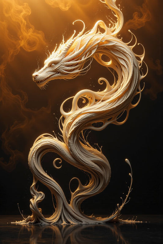 Golden ethereal dragon in a flowing spiral design, perfect for premium art prints and wall decor.