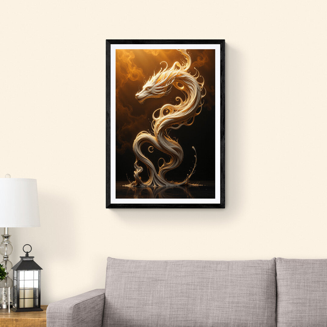 Mystical golden dragon in motion, captured in stunning detail for art prints and home decoration