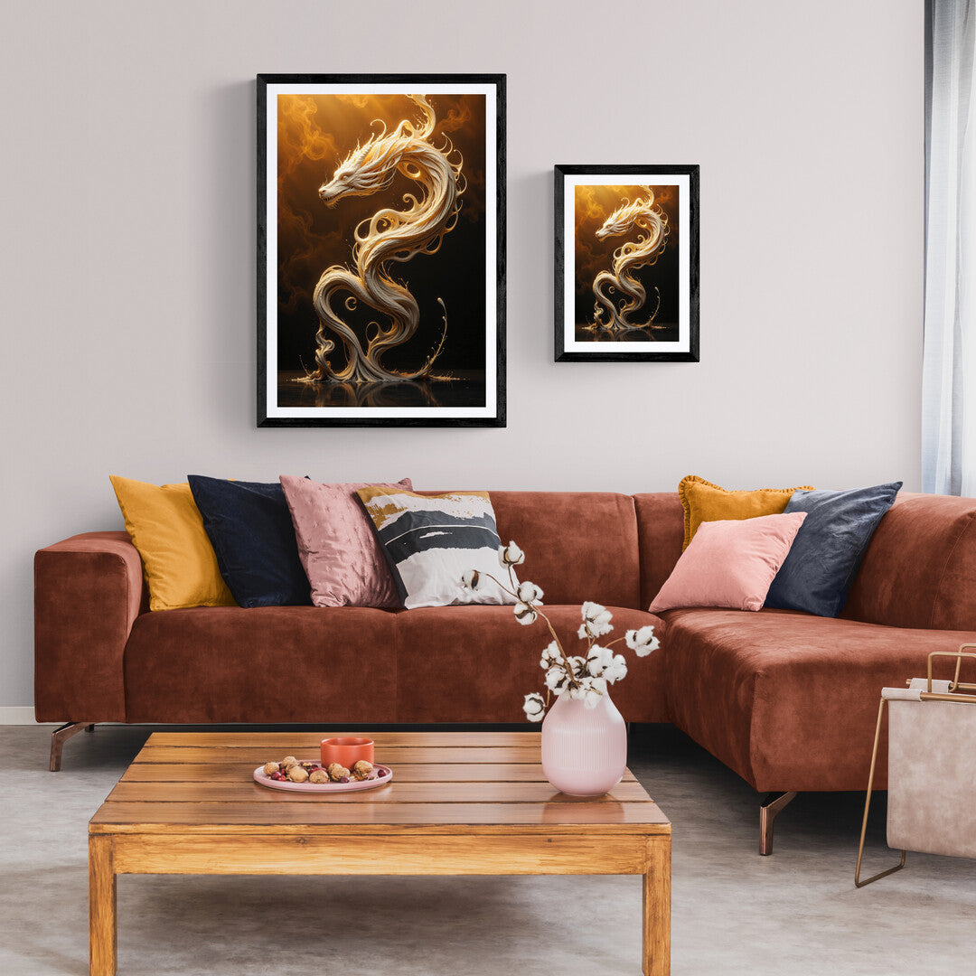 Elegant swirling dragon illustration in gold tones, designed for premium wall art and art prints.