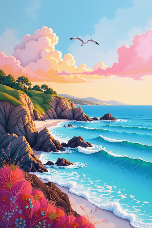 Serene coastal wall art featuring cliffs, turquoise waves, and pastel clouds at sunset. Perfect for home decor and premium art prints