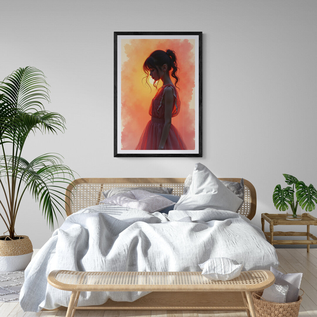 Ethereal sunset scene featuring a young woman, ideal for home decor and premium posters